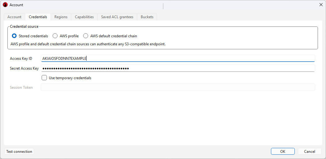 Credentials tab in the Account dialog, with Stored credentials selected, an example Access Key ID and the Secret Access Key masked.