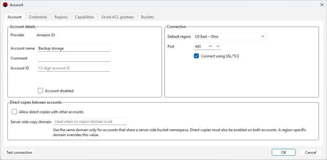 Account dialog with the Account tab showing Backup storage account details, connection settings and options for direct copies between accounts.