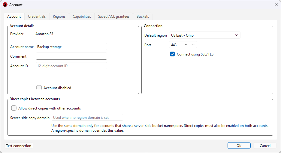 Account dialog with the Account tab selected for Backup storage.