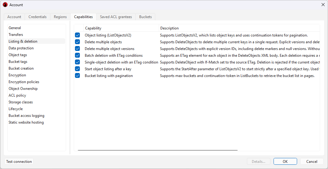 Capabilities tab in the Account dialog, Listing & deletion section, with all seven listing and deletion capabilities checked.