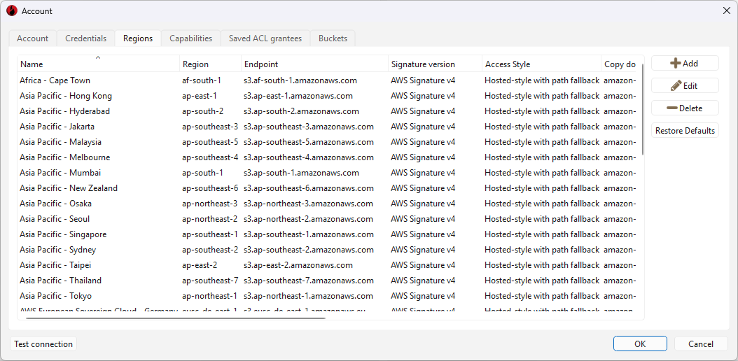 Regions tab in the Account dialog, showing the Amazon S3 regions, their endpoints and connection settings, and the Add, Edit, Delete and Restore Defaults buttons.