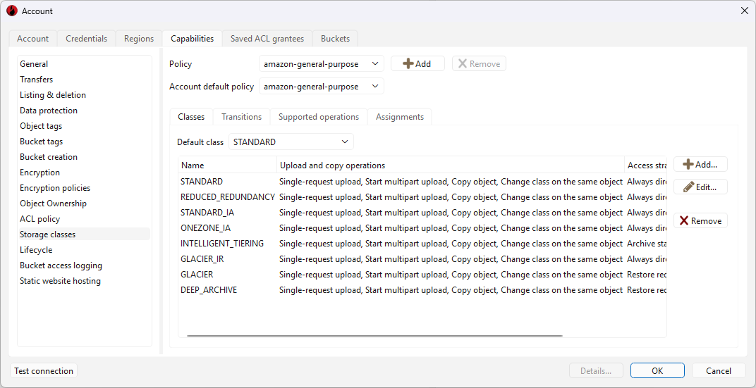 Capabilities tab in the Account dialog, Storage classes section, Classes tab, with the amazon-general-purpose policy and STANDARD as the default class.