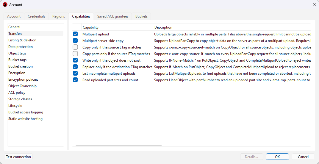 Capabilities tab in the Account dialog, Transfers section, with eight transfer capabilities, six of them checked.