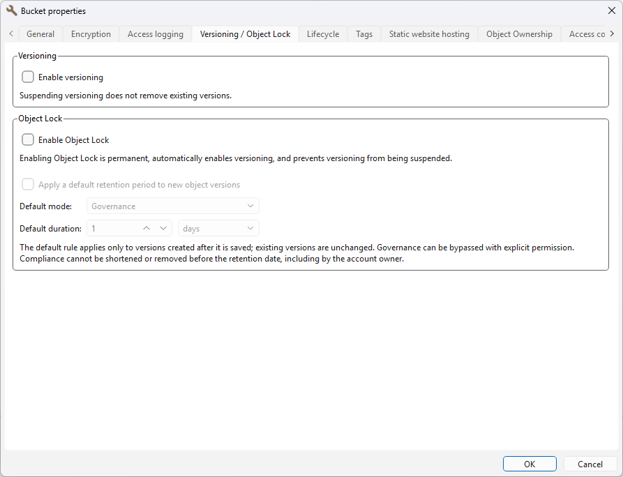 Bucket properties window, Versioning / Object Lock tab, with Enable versioning and Enable Object Lock unchecked and the default retention settings grayed out.