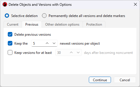 Delete Objects and Versions with Options window, Previous tab, with Selective deletion and Delete previous versions selected, and the option to keep the five newest previous versions per object enabled.