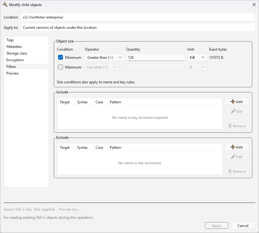 Modify child objects window, Filters page, with a size filter greater than 128 KiB, no maximum size, and empty Include and Exclude lists.