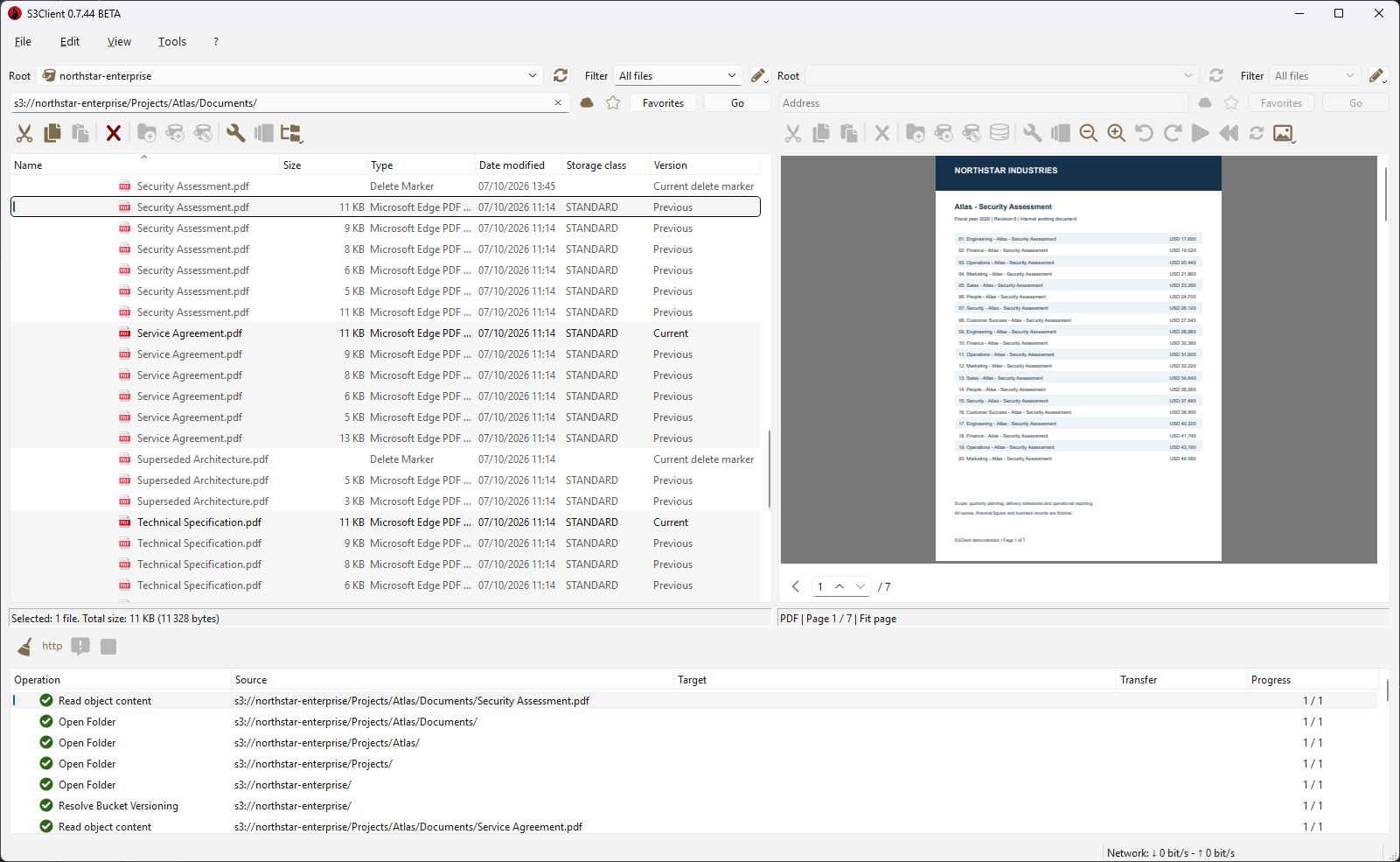 Main window in Show versions mode with PDF versions and delete markers on the left, a previous version of Security Assessment.pdf selected, and a preview of the first of its seven pages on the right.