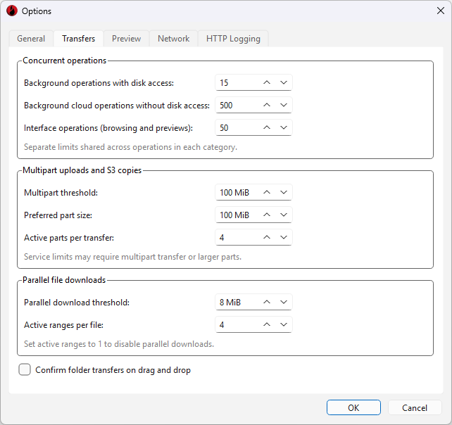 Options window, Transfers tab, showing concurrent operation limits, limits of four active parts per transfer and four active ranges per download, and an 8 MiB parallel download threshold.