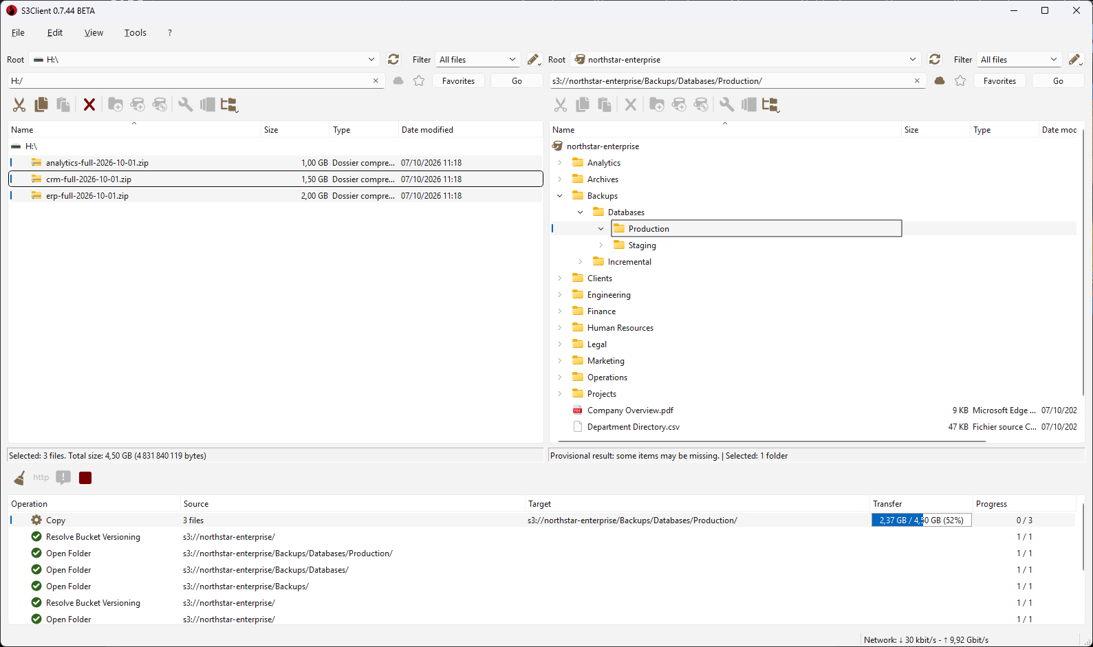 Main window with three archives selected on drive H: on the left, the Backups/Databases/Production folder in the northstar-enterprise bucket on the right, and the copy in progress below.