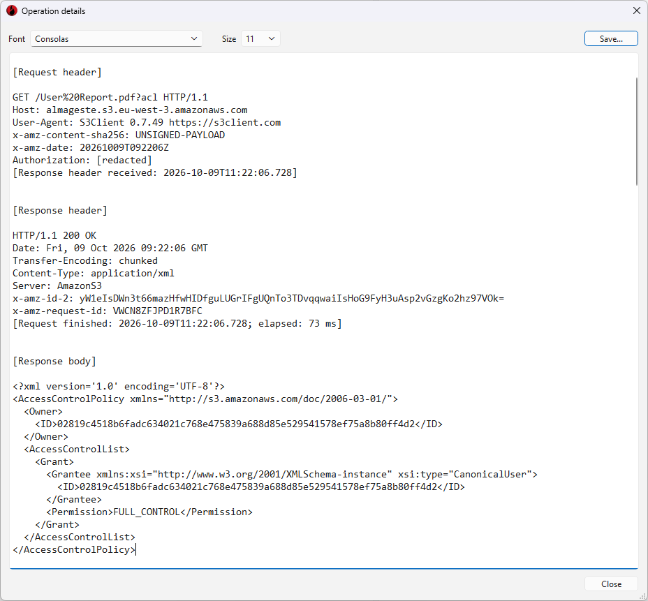 Operation details window showing the headers of an HTTP request to read an object’s ACL, the 200 OK response and its XML body, with the Authorization value redacted.