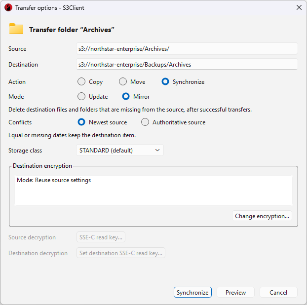 Transfer options window for transferring Archives to Backups/Archives in the northstar-enterprise bucket, with storage class and destination encryption settings.