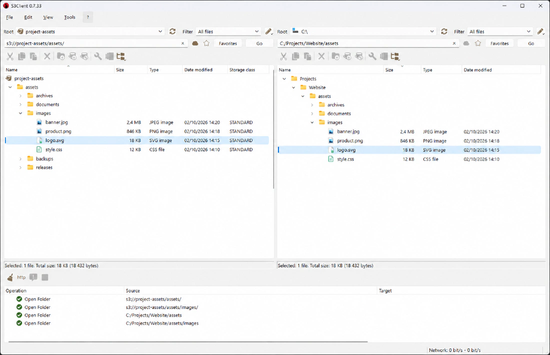 S3Client with an S3 bucket and a local folder open in its two panes.